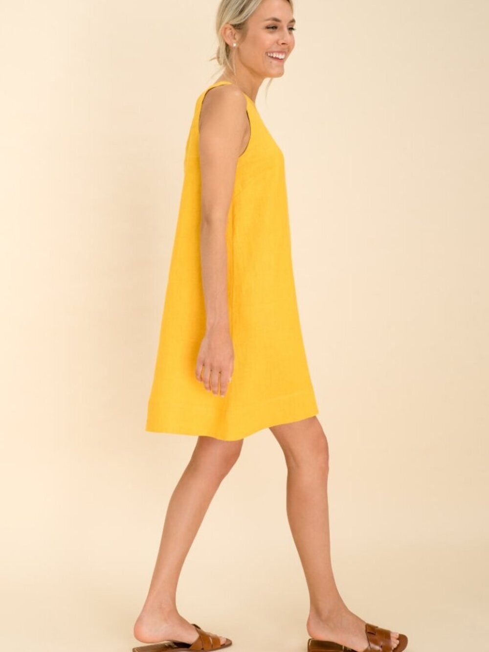 HOMEY LINEN Golden Yellow 100% Linen A-Line Trapeze Tent Dress, Size M - Picture 2 of 10